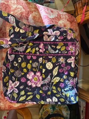 Vera Bradley Navy Quilted Floral Tote with Pink and Green Accents